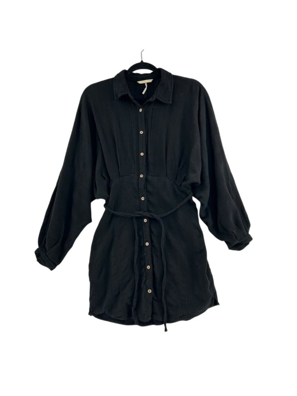 Free People Shirt Dress Women's XS Black Button Up Balloon Sleeve Linen Blend